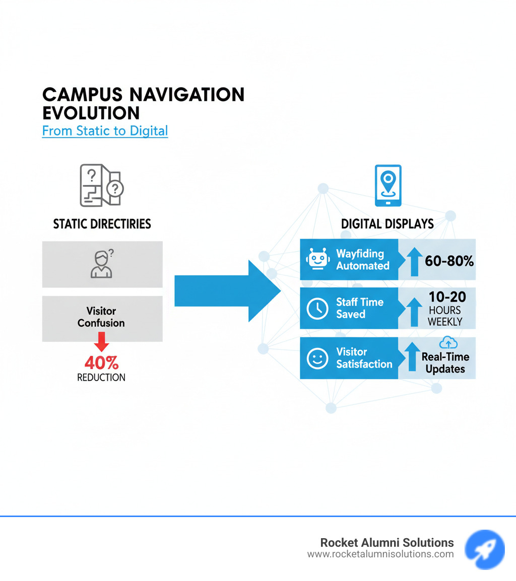 Infographic showing the transformation from static campus directories to modern digital displays, highlighting key metrics: 40% reduction in visitor confusion, 60-80% of wayfinding inquiries automated, 10-20 hours of staff time saved weekly, and 40% increase in visitor satisfaction - Campus Directory Display infographic  Infographic showing the transformation from static campus directories to modern digital displays, highlighting key metrics: 40% reduction in visitor confusion, 60-80% of wayfinding inquiries automated, 10-20 hours of staff time saved weekly, and 40% increase in visitor satisfaction - Campus Directory Display infographic