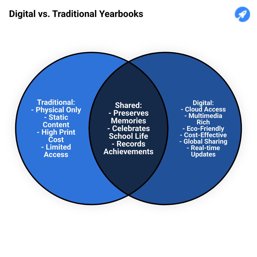 Infographic highlighting the environmental, accessibility, and interactive benefits of digital yearbooks - digital yearbook infographic venn_diagram