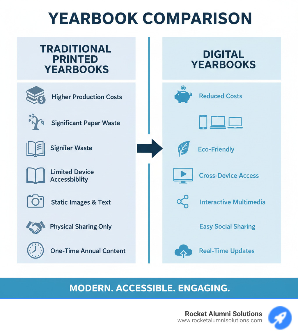 Comparison infographic showing traditional printed yearbooks versus digital yearbooks with features like cost savings, environmental impact, accessibility across devices, interactive multimedia content, social sharing capabilities, and real-time updates throughout the school year - digital yearbook infographic 