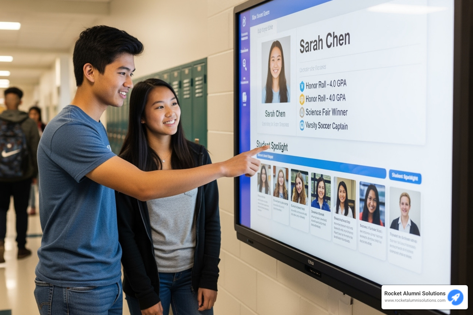 Students interacting with a touchscreen, pointing at a friend's profile - Student Leadership Touchscreen Students interacting with a touchscreen, pointing at a friend's profile - Student Leadership Touchscreen
