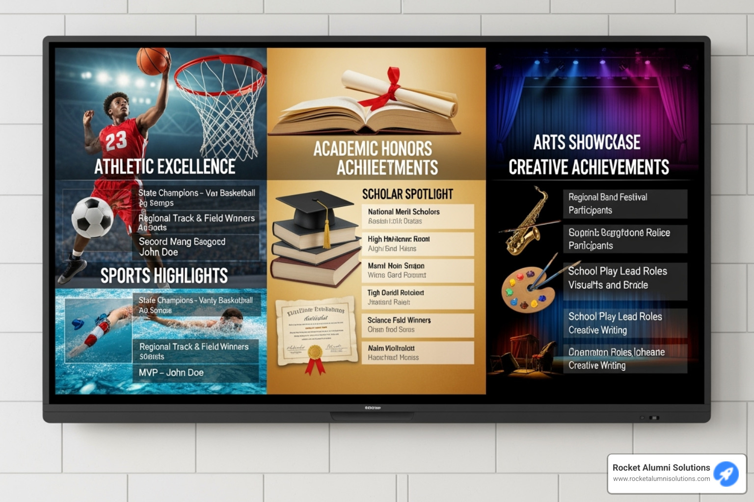 Touchscreen display showing a split screen with athletic, academic, and arts achievements - Student Leadership Touchscreen Touchscreen display showing a split screen with athletic, academic, and arts achievements - Student Leadership Touchscreen