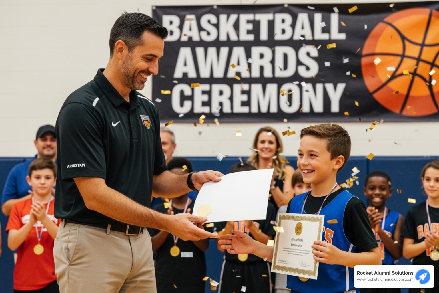 A coach smiling while presenting a certificate to a young player - basketball award categories for youth A coach smiling while presenting a certificate to a young player - basketball award categories for youth