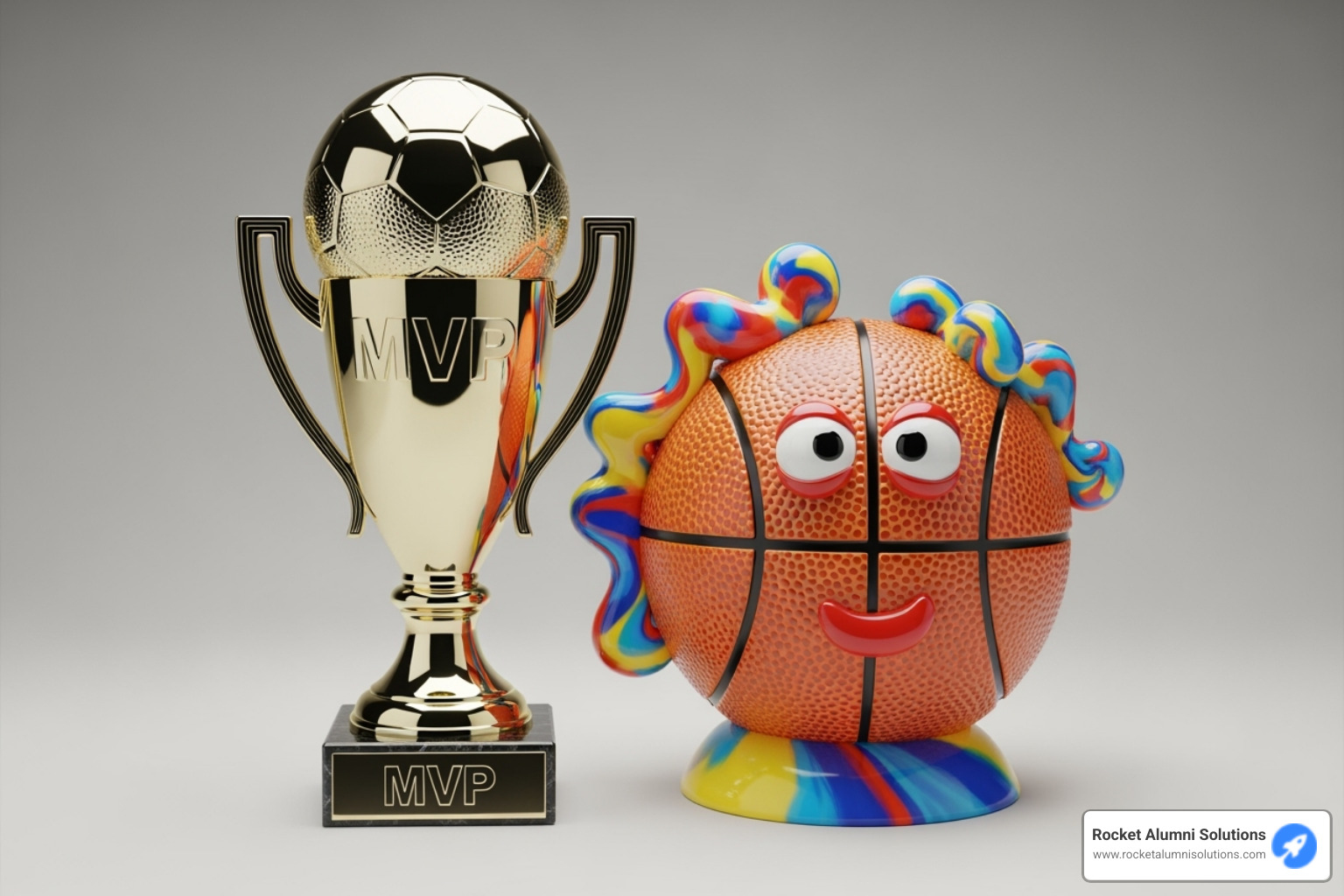 A classic MVP trophy next to a creative, fun-looking award - basketball award categories for youth A classic MVP trophy next to a creative, fun-looking award - basketball award categories for youth