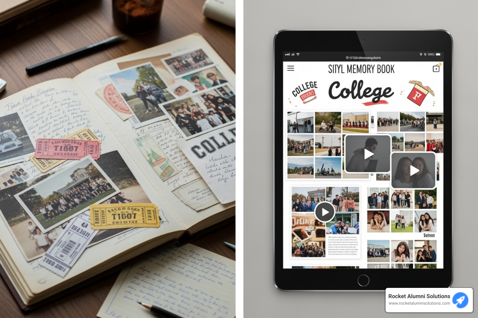Side-by-side comparison of a physical college scrapbook and a tablet displaying a digital memory book - College memories book