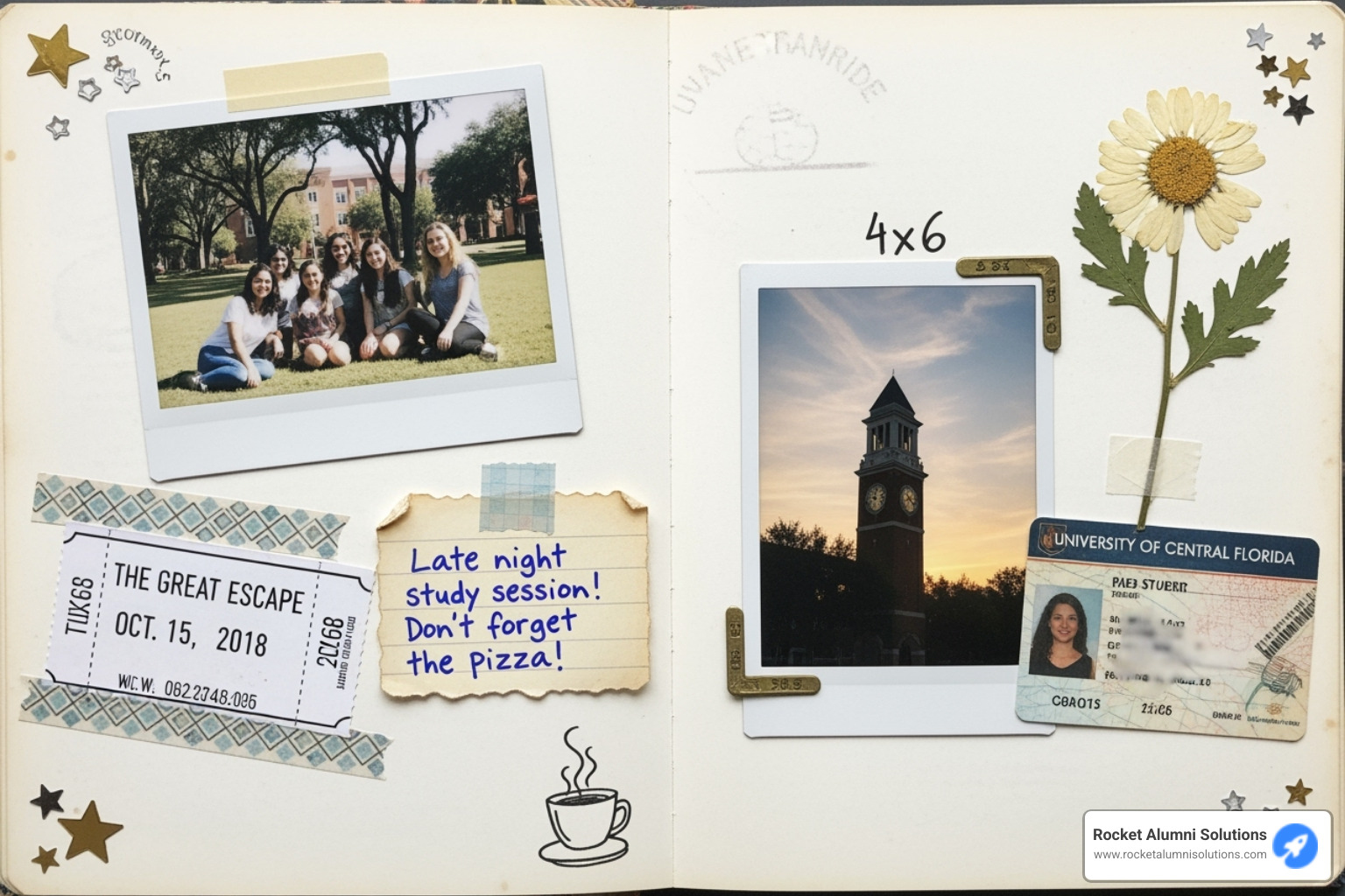 An open scrapbook page filled with various college mementos, including photos, ticket stubs, handwritten notes, and decorative elements - College memories book