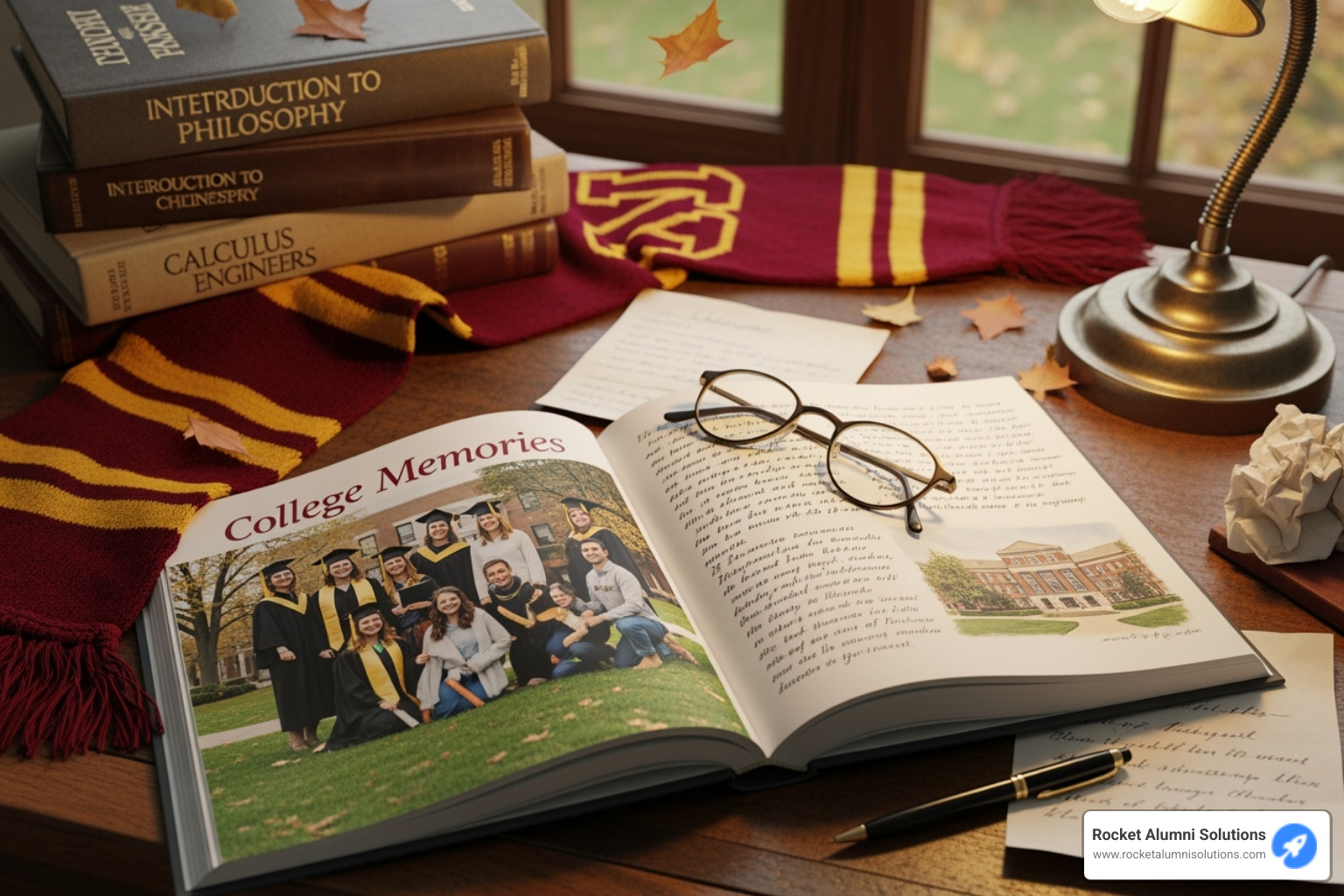 A collection of college mementos including a graduation tassel, framed photo, student ID card, and handwritten notes - College memories book