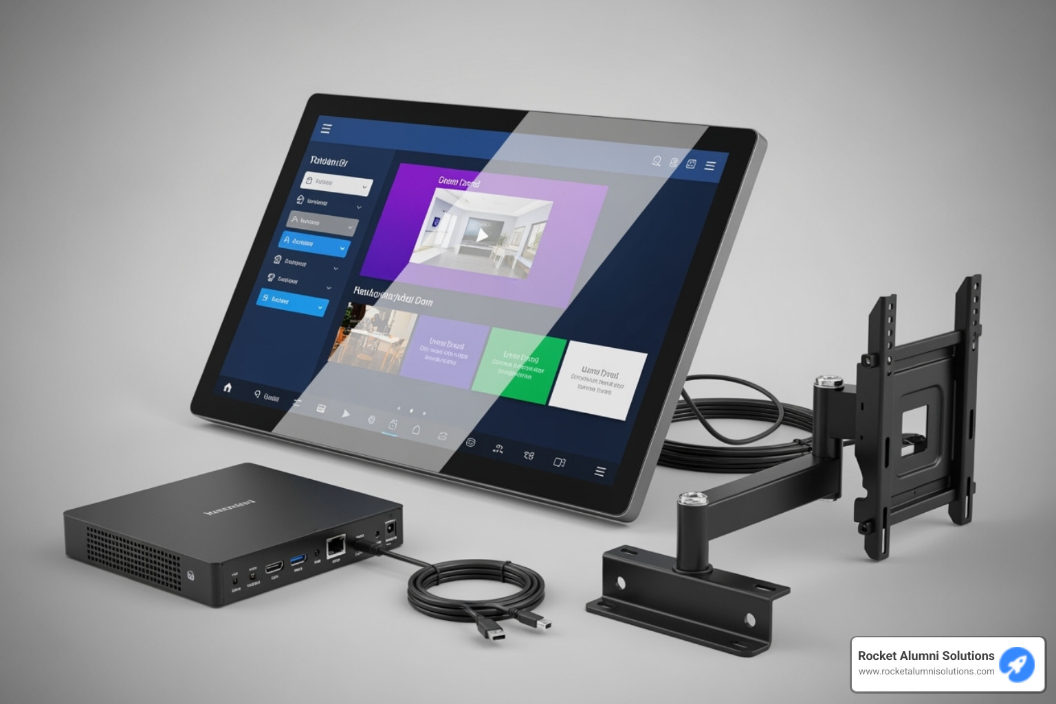 components of a digital trophy case bundle: commercial-grade screen, media player, and mounting bracket - Trophy Case Display Touchscreen components of a digital trophy case bundle: commercial-grade screen, media player, and mounting bracket - Trophy Case Display Touchscreen