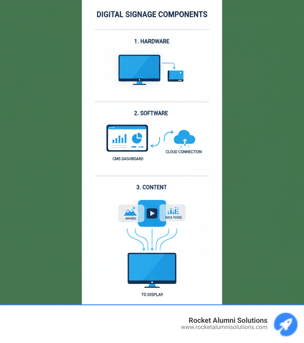Infographic showing the three core components of digital signage: 1) Hardware layer with screen icon and media player icon, 2) Software layer with CMS dashboard icon and cloud connection, 3) Content layer with images, videos, and data feeds flowing to the display - Digital signage solutions infographic  Infographic showing the three core components of digital signage: 1) Hardware layer with screen icon and media player icon, 2) Software layer with CMS dashboard icon and cloud connection, 3) Content layer with images, videos, and data feeds flowing to the display - Digital signage solutions infographic