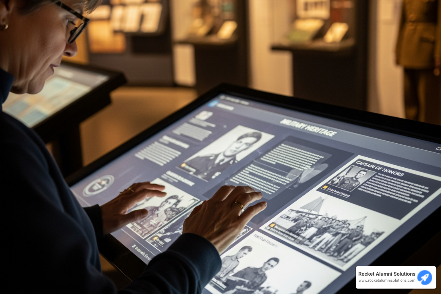 User interacting with a touchscreen military heritage display - Captain Honors Display User interacting with a touchscreen military heritage display - Captain Honors Display