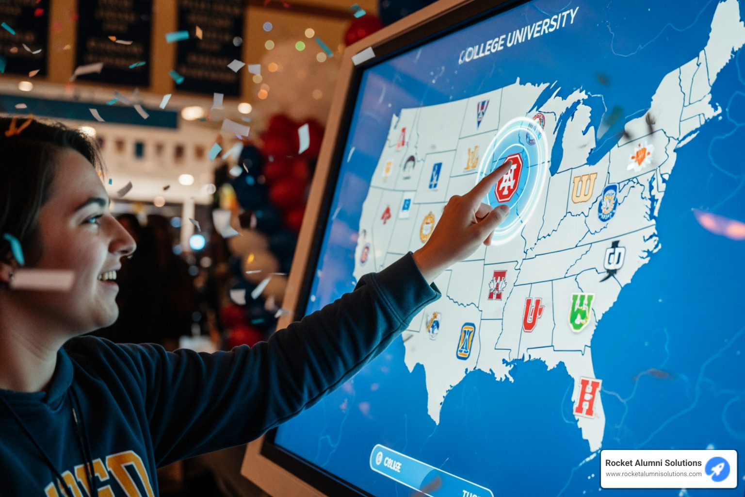 close-up of a touchscreen display showing a searchable database of athletes - College Commit Touchscreen Display
