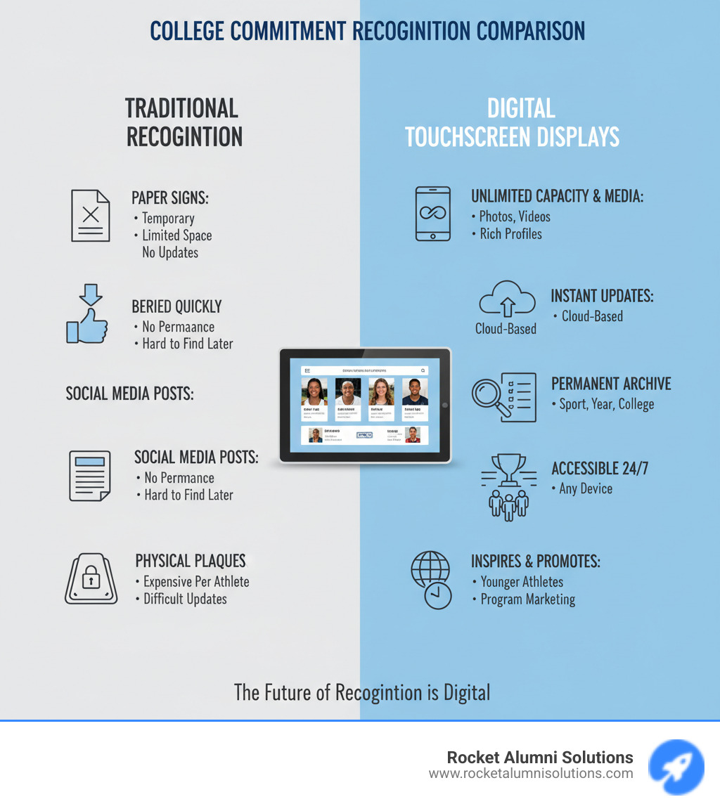 Infographic comparing traditional recognition methods vs digital touchscreen displays: Traditional shows paper signs (temporary, deteriorate, limited space, no updates), social media posts (buried quickly, no permanence, hard to find later), and physical plaques (expensive per athlete, space constraints, difficult updates). Digital displays show unlimited capacity, rich multimedia profiles with photos and videos, instant cloud-based updates, searchable by sport/year/college, permanent historical archive, inspires younger athletes, program marketing tool, and accessible 24/7 from any device. - College Commit Touchscreen Display infographic 