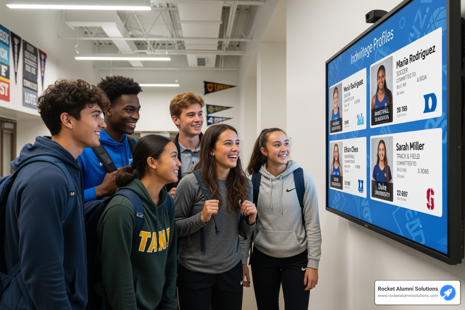 diverse group of student-athletes smiling in front of their profiles on a touchscreen display - College Commit Touchscreen Display