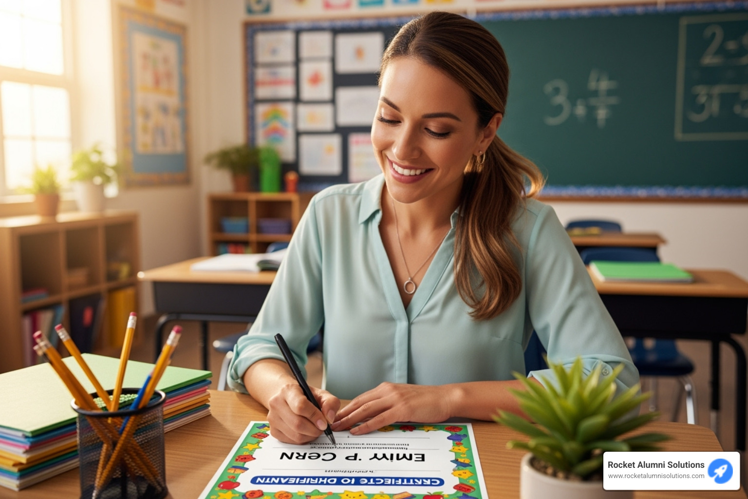 teacher smiling while writing on a certificate - Elementary school superlatives teacher smiling while writing on a certificate - Elementary school superlatives