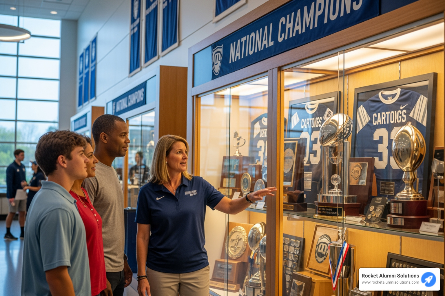 Image of a prospective student-athlete and their family being shown the championship display by a coach - State Championship Display Touchscreen Image of a prospective student-athlete and their family being shown the championship display by a coach - State Championship Display Touchscreen