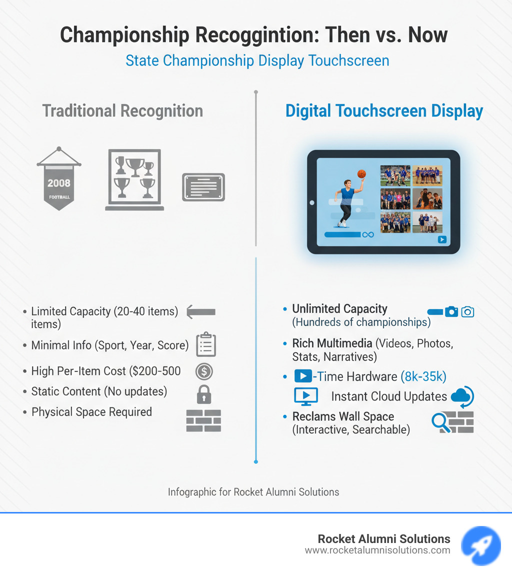 Infographic comparing traditional championship recognition methods (banners, trophy cases, plaques) with digital touchscreen displays, showing key differences: Traditional methods have limited capacity (20-40 items), minimal information (sport, year, score), high per-item costs ($200-500), static content that cannot be updated, and require physical space; Digital displays offer unlimited capacity (hundreds of championships), rich multimedia content (videos, photos, stats, narratives), one-time hardware investment ($8k-35k), instant cloud-based updates, and reclaim valuable wall space while providing searchable, interactive exploration - State Championship Display Touchscreen infographic Infographic comparing traditional championship recognition methods (banners, trophy cases, plaques) with digital touchscreen displays, showing key differences: Traditional methods have limited capacity (20-40 items), minimal information (sport, year, score), high per-item costs ($200-500), static content that cannot be updated, and require physical space; Digital displays offer unlimited capacity (hundreds of championships), rich multimedia content (videos, photos, stats, narratives), one-time hardware investment ($8k-35k), instant cloud-based updates, and reclaim valuable wall space while providing searchable, interactive exploration - State Championship Display Touchscreen infographic