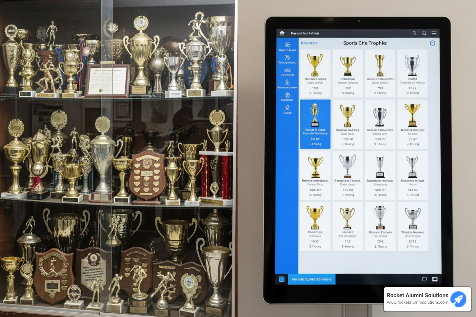 Image of a crowded trophy case with some trophies hidden in the back, contrasted with a digital display showing a clear, organized gallery of every trophy - State Championship Display Touchscreen Image of a crowded trophy case with some trophies hidden in the back, contrasted with a digital display showing a clear, organized gallery of every trophy - State Championship Display Touchscreen