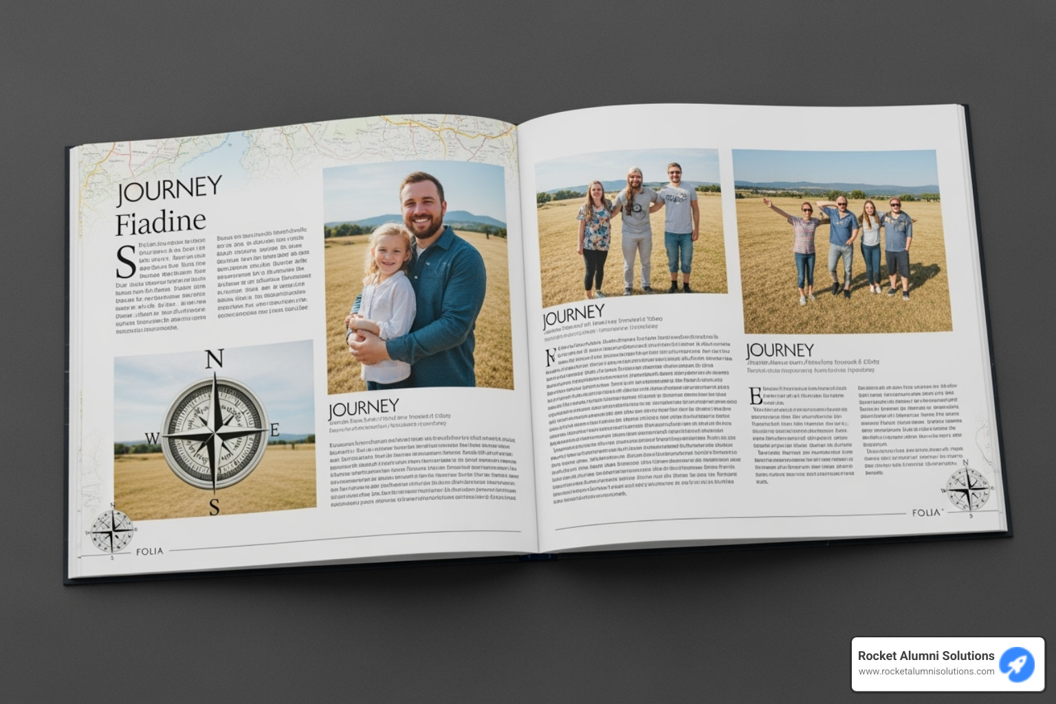 A yearbook spread featuring a "Journey" theme, with a compass graphic in the corner of every folio, a map-like texture in the background, and consistent serif typography for headlines and sans-serif for body text. - Yearbook theme ideas A yearbook spread featuring a "Journey" theme, with a compass graphic in the corner of every folio, a map-like texture in the background, and consistent serif typography for headlines and sans-serif for body text. - Yearbook theme ideas