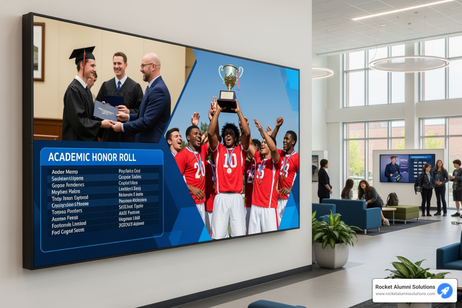 digital display in a school lobby showcasing student academic and athletic achievements - End of Season Display Screen