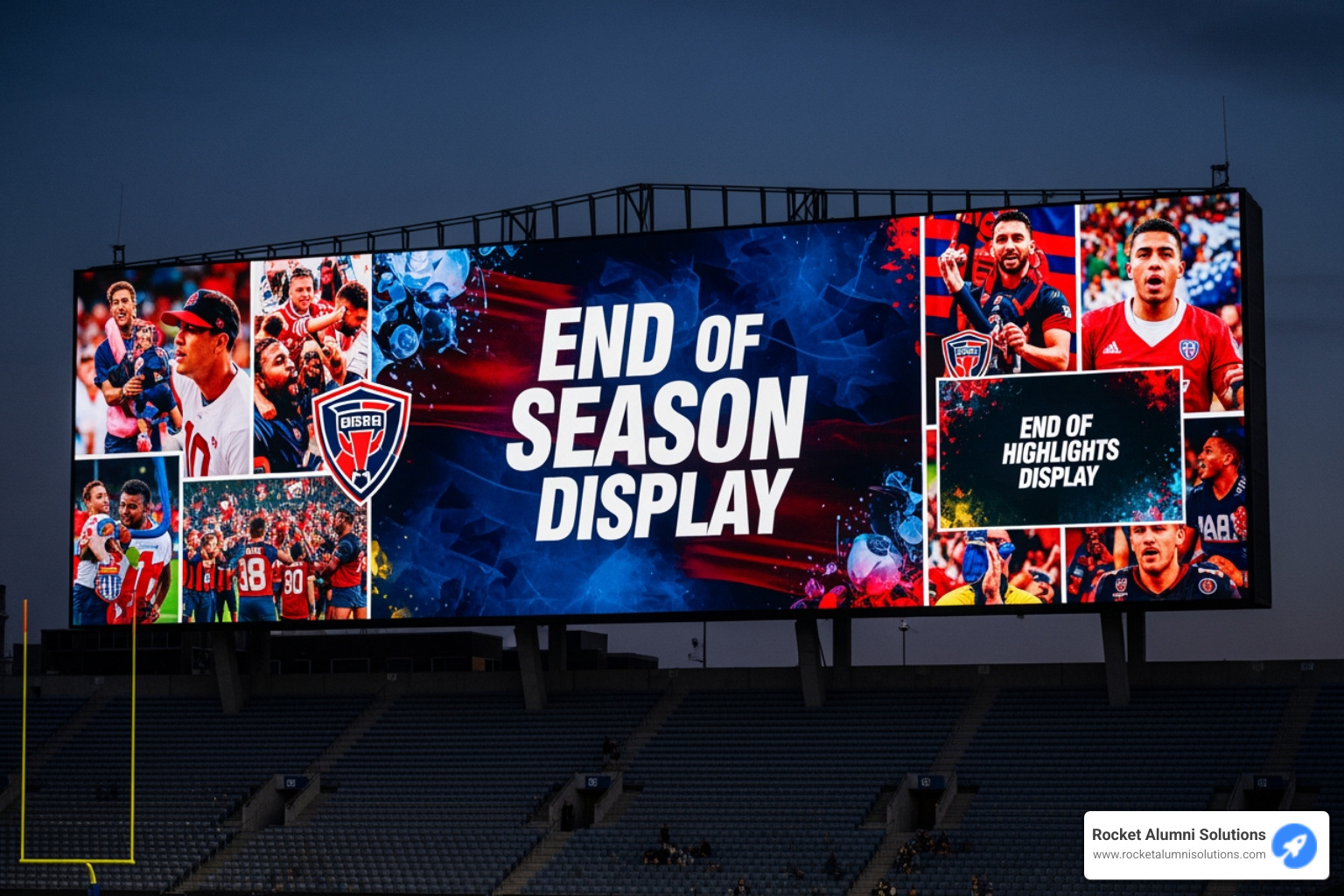 side-by-side comparison of a dusty, traditional trophy case and a sleek, interactive digital hall of fame - End of Season Display Screen
