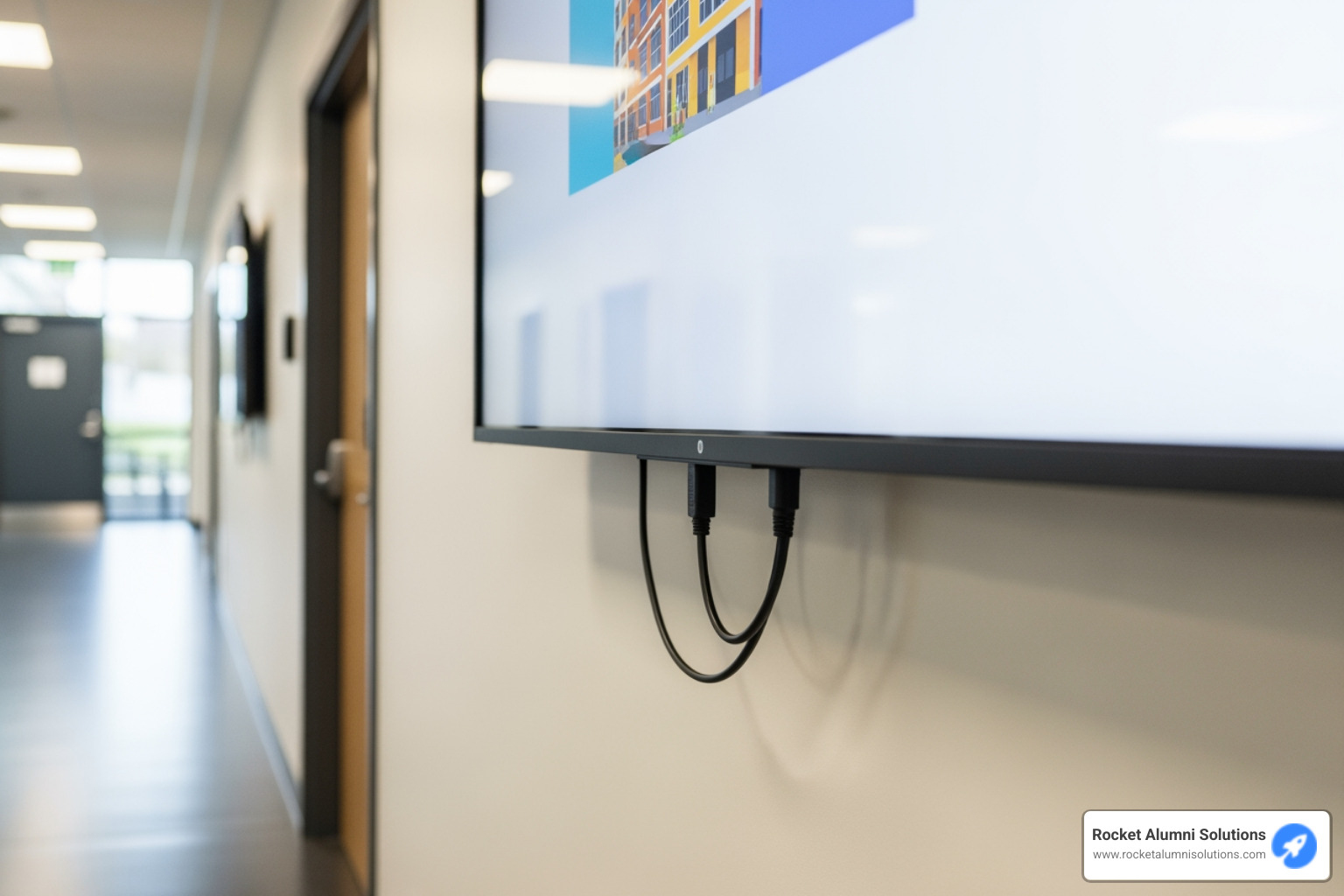 Wall-mounted digital display with simple power and network connections - Class Officers Digital Display