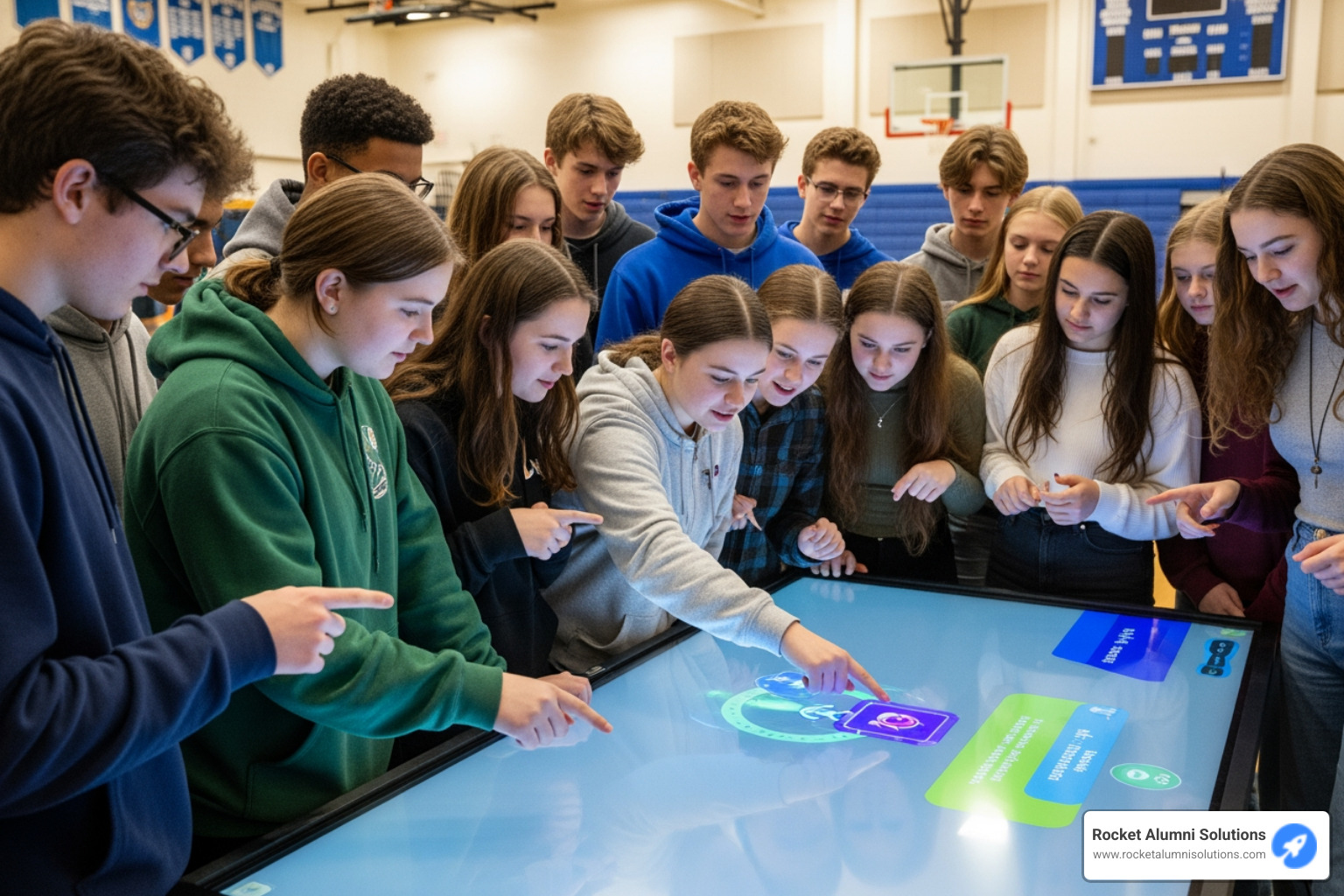 Students gathered around a digital display during a school event - Class Officers Digital Display