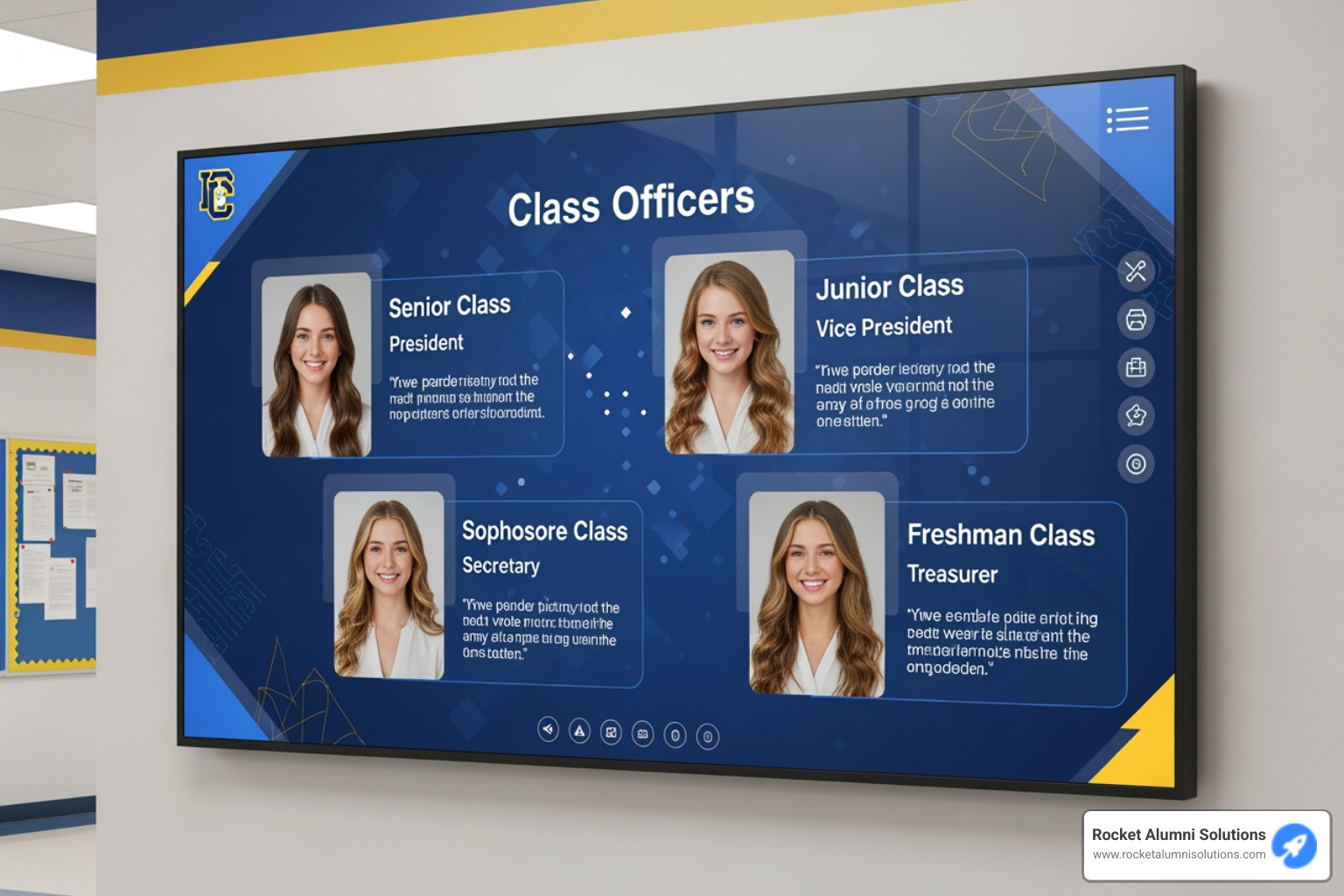 Student profile on a digital display showing their photo, role, and key projects - Class Officers Digital Display