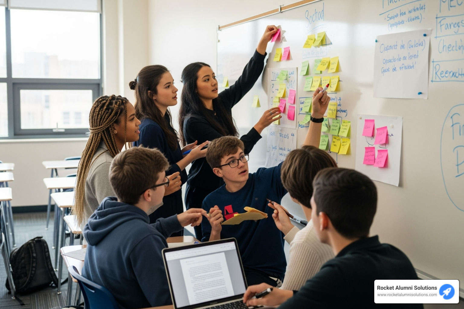 group of students collaboratively working on a project with sticky notes - superlative ideas yearbook