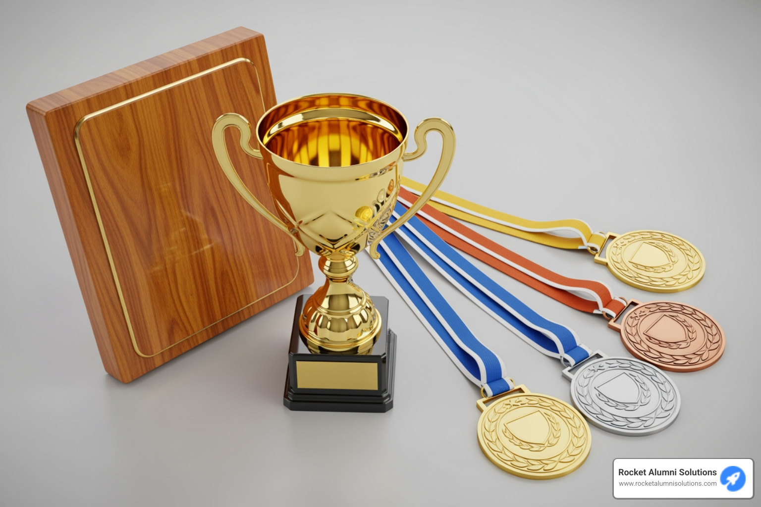 classic trophy, modern plaque, gold silver bronze medals - Outstanding Player Award Display