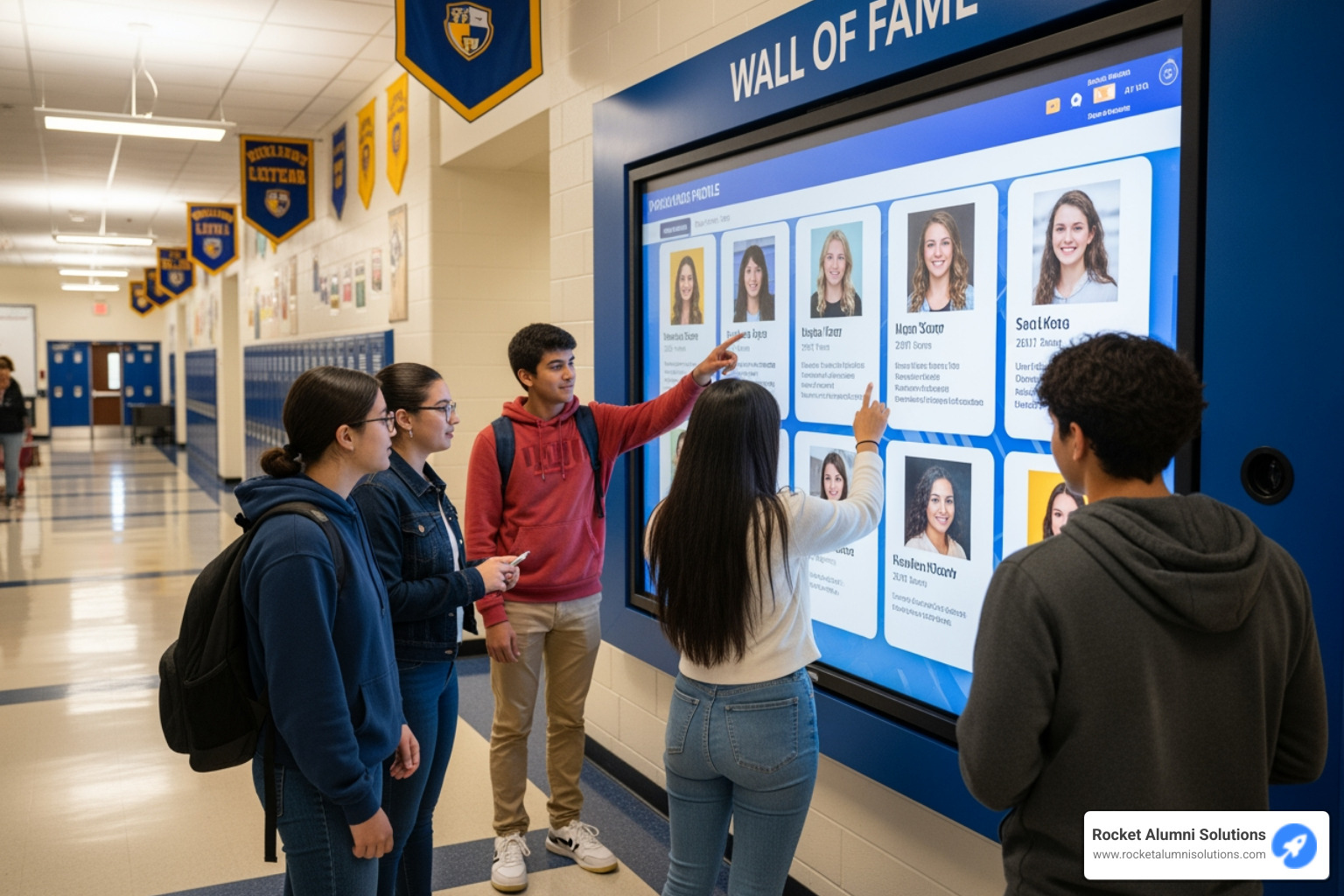 Students interacting with a large touchscreen digital wall of fame in a school hallway - High School Graduate Display