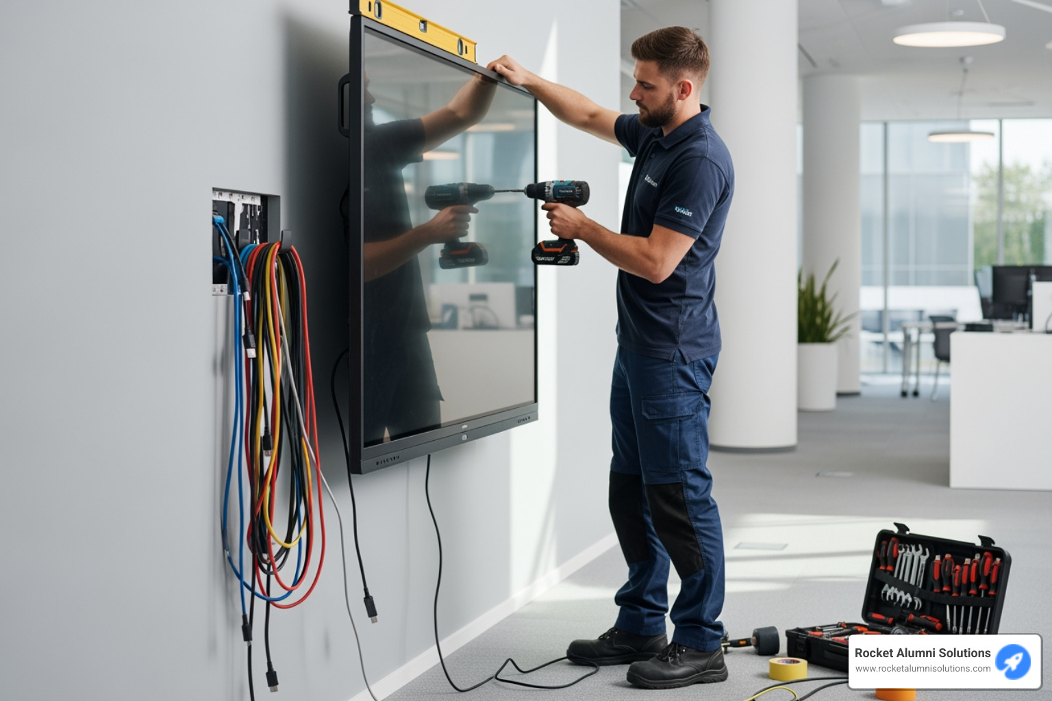 Process from empty wall to fully installed touchscreen - alumni awards touchscreen