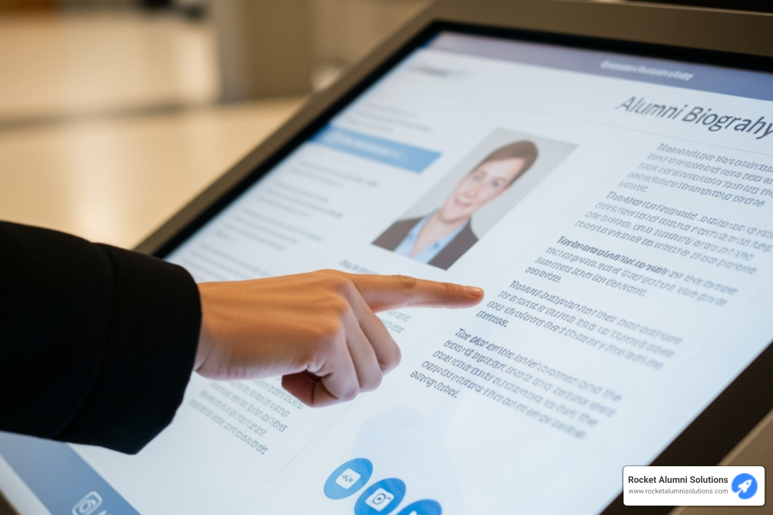 User interacting with a detailed alumni biography on a touchscreen - alumni awards touchscreen