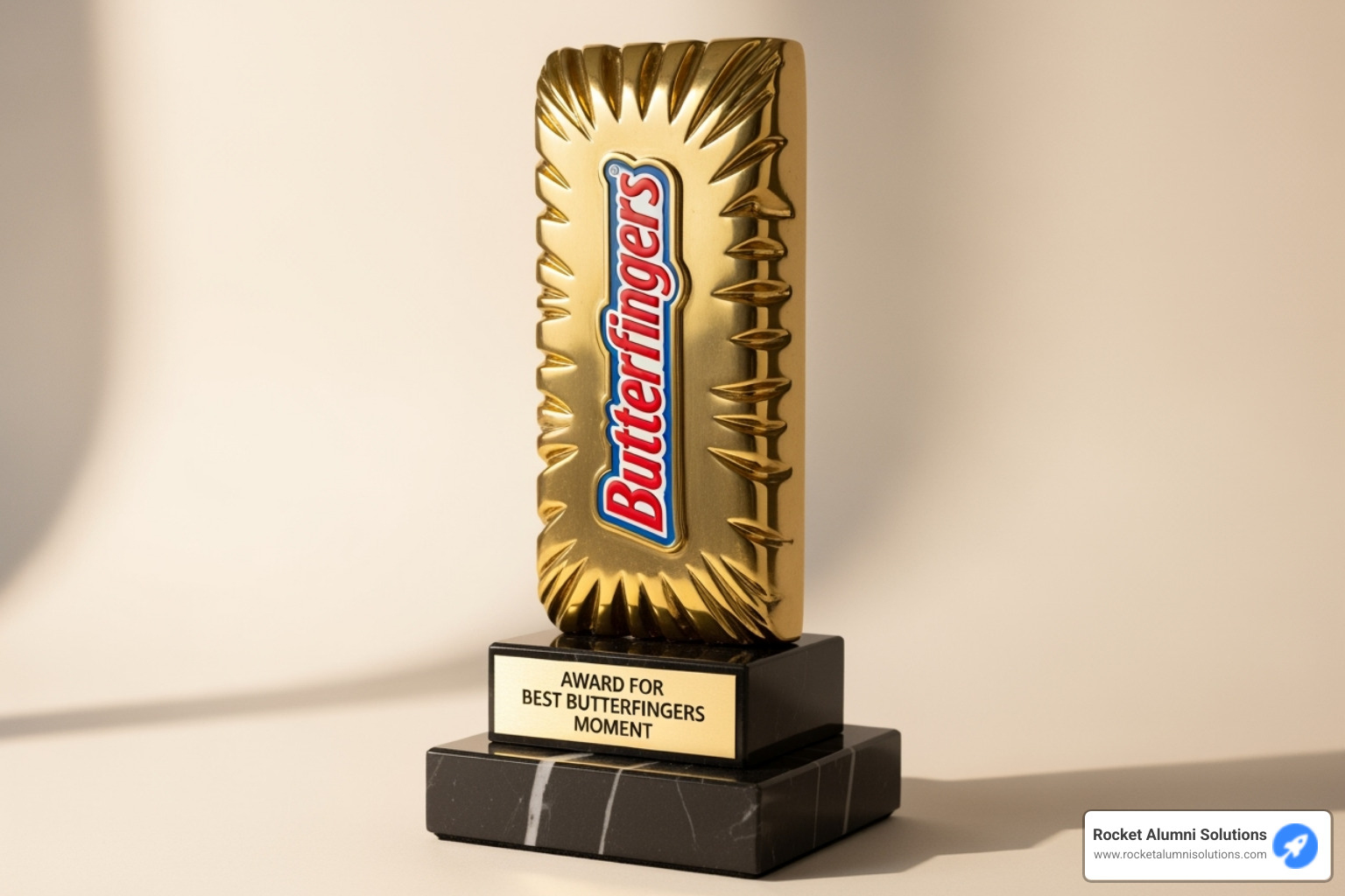 Image of a creative, humorous custom-made trophy, like a golden butterfingers candy bar - funny sports awards ideas Image of a creative, humorous custom-made trophy, like a golden butterfingers candy bar - funny sports awards ideas