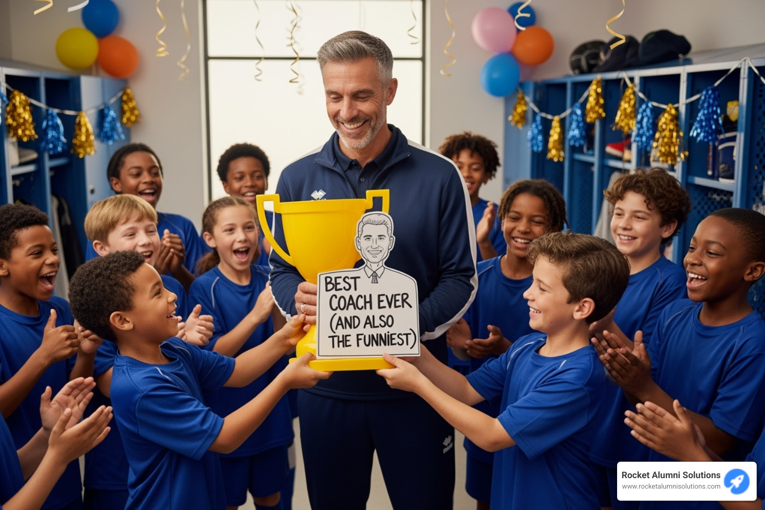 Image of a coach receiving a funny, heartfelt award from their players - funny sports awards ideas Image of a coach receiving a funny, heartfelt award from their players - funny sports awards ideas