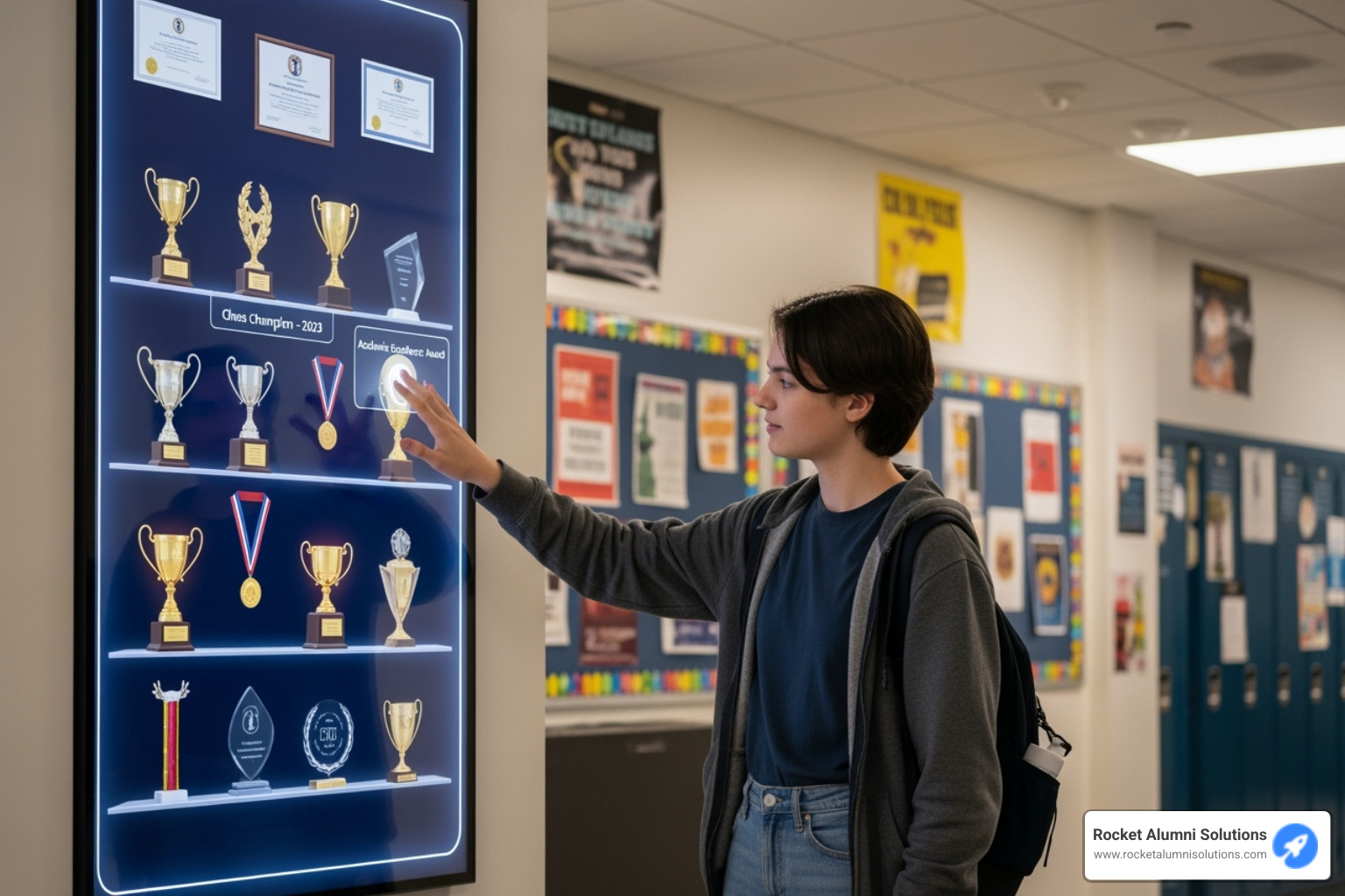 student interacting with digital touchscreen trophy case - school awards ideas student interacting with digital touchscreen trophy case - school awards ideas