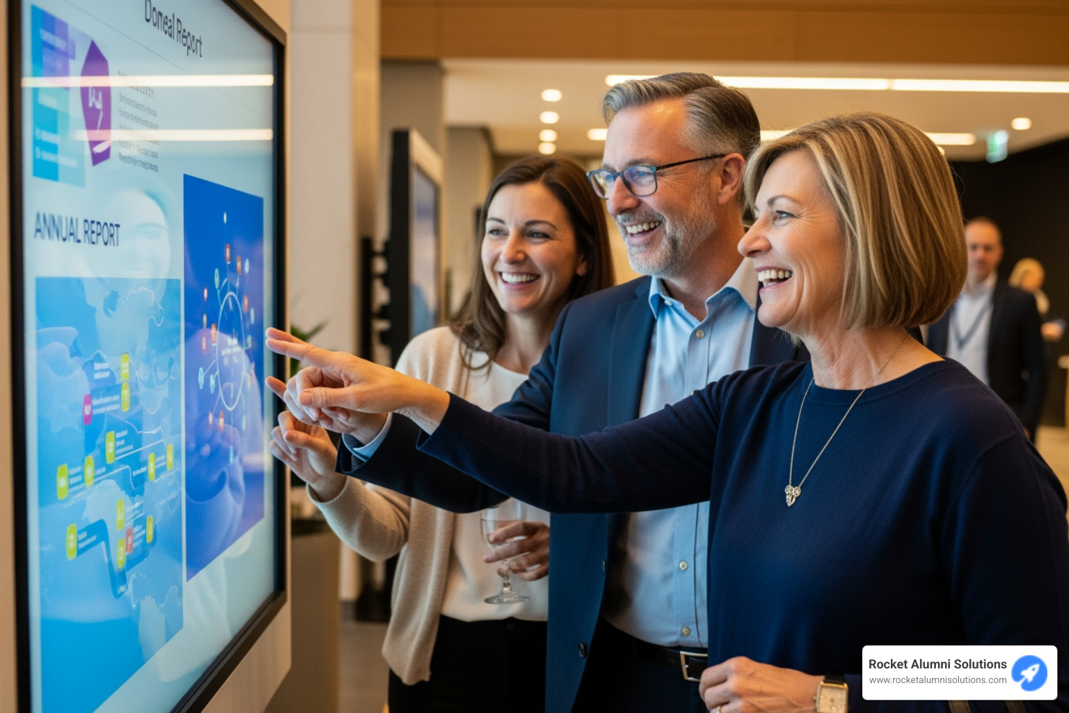 Image of donors interacting with a touchscreen, smiling and pointing - donor appreciation touchscreen