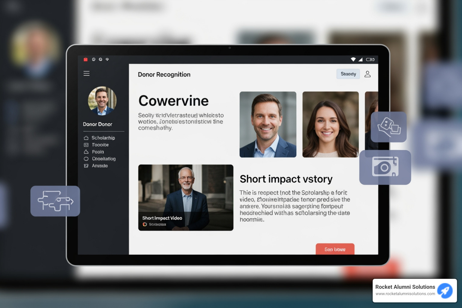 Image showing the three core components: a physical screen, a software interface, and compelling content examples - donor appreciation touchscreen