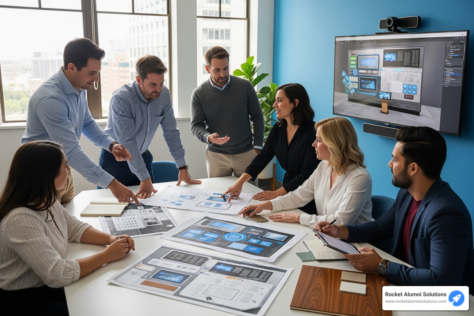 Team planning a digital donor wall installation on a blueprint - Digital donor recognition
