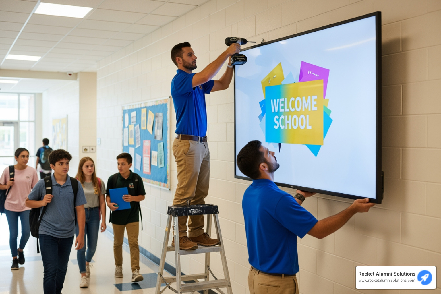 Display being installed on a wall in a high-traffic area - Class Officers Touchscreen Display Display being installed on a wall in a high-traffic area - Class Officers Touchscreen Display