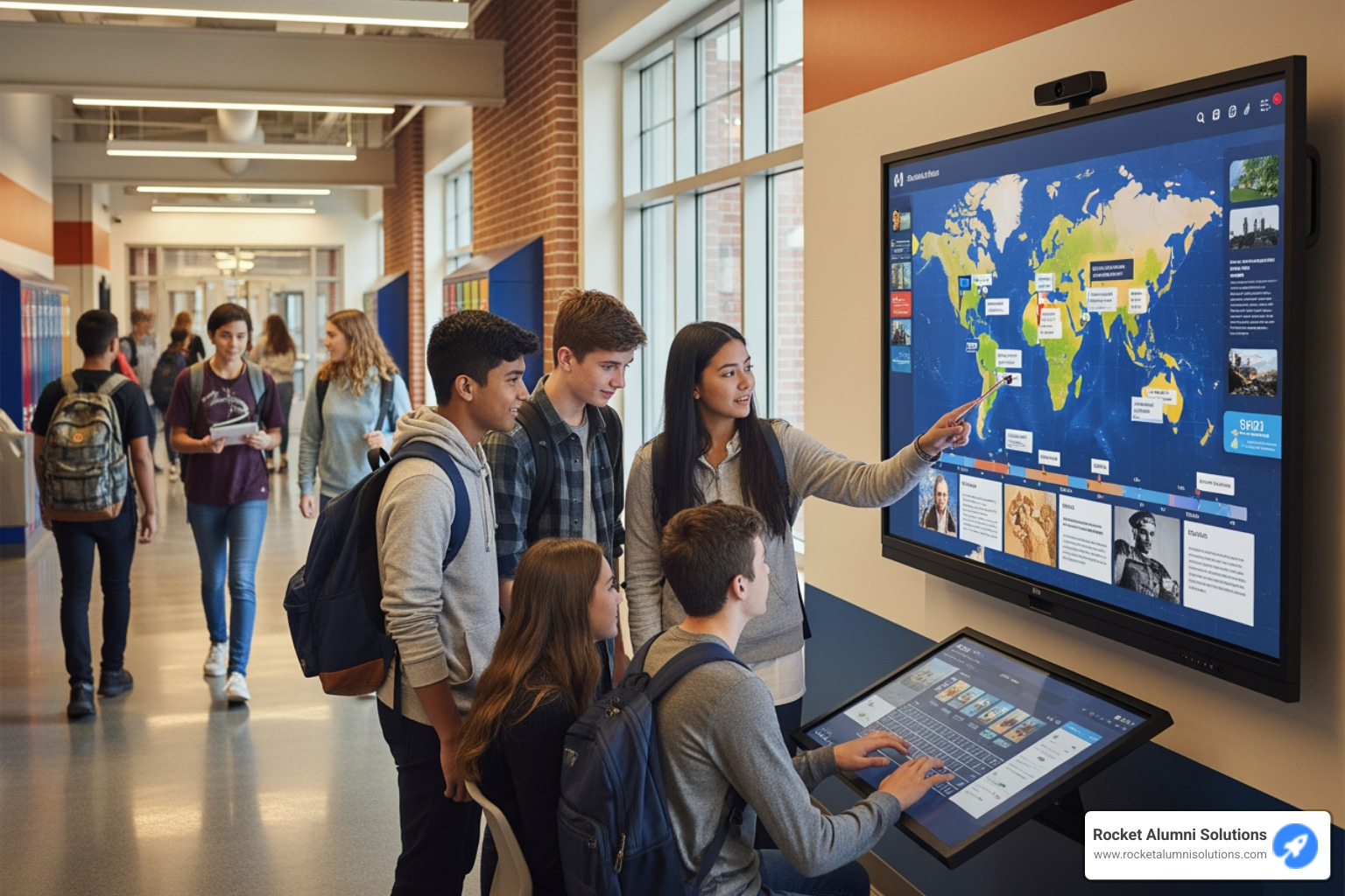 Students interacting with a touchscreen display in a school setting - Class Officers Touchscreen Display Students interacting with a touchscreen display in a school setting - Class Officers Touchscreen Display