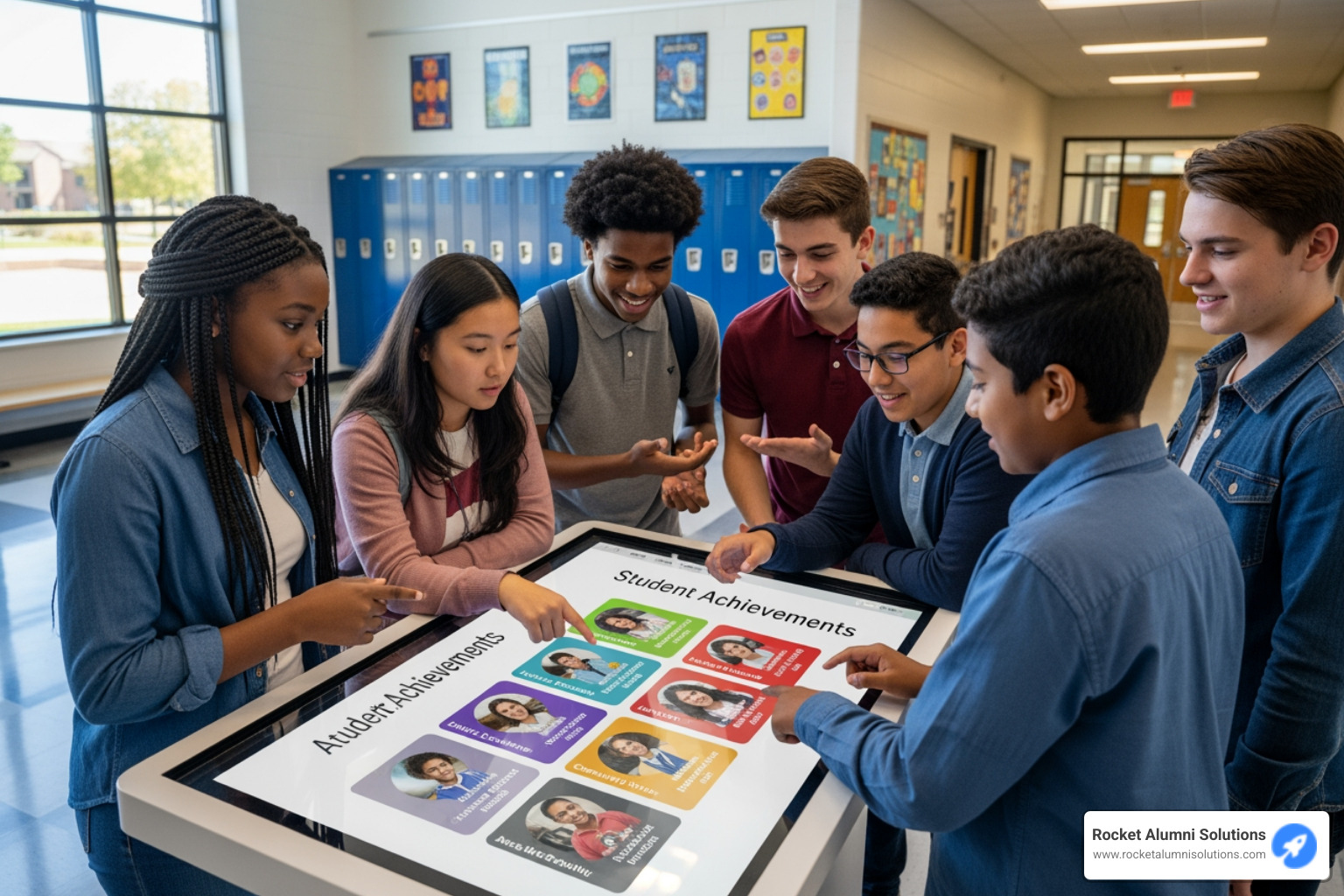 Students gathered around and interacting with a touchscreen kiosk - Class Officers Touchscreen Display Students gathered around and interacting with a touchscreen kiosk - Class Officers Touchscreen Display