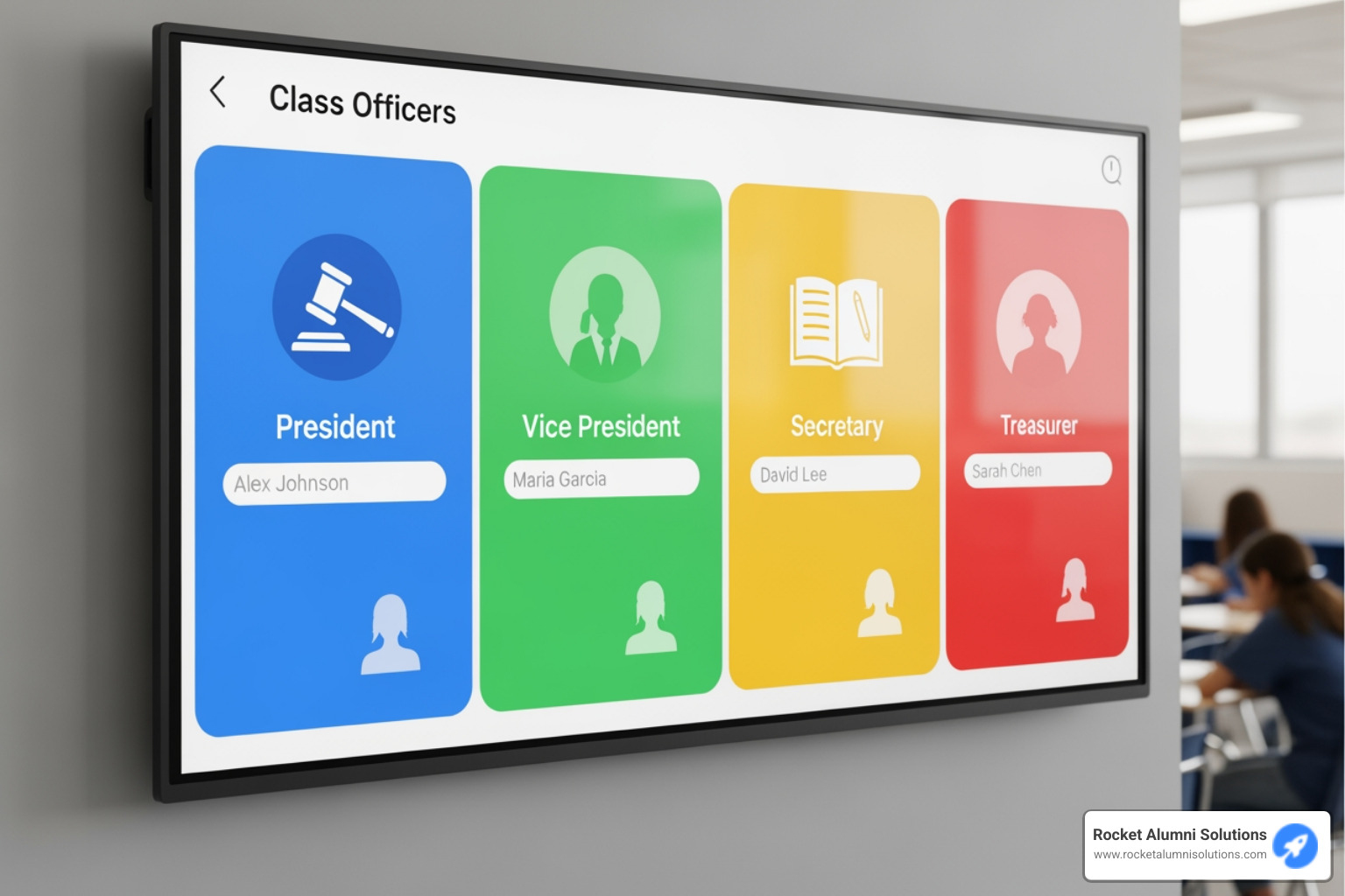 Close-up of a user-friendly software interface with rich media - Class Officers Touchscreen Display Close-up of a user-friendly software interface with rich media - Class Officers Touchscreen Display