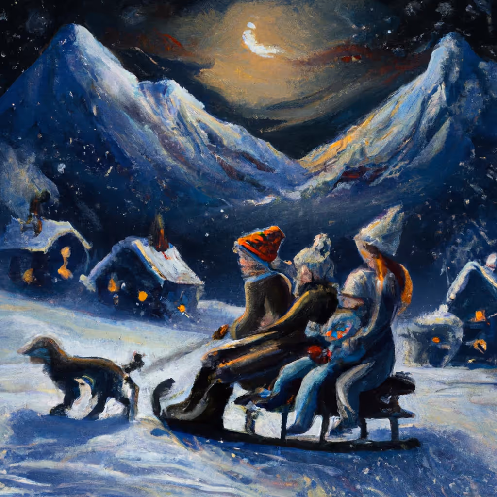 Illustrated winter evening scene with family sledding near Chalet Furi Zermatt