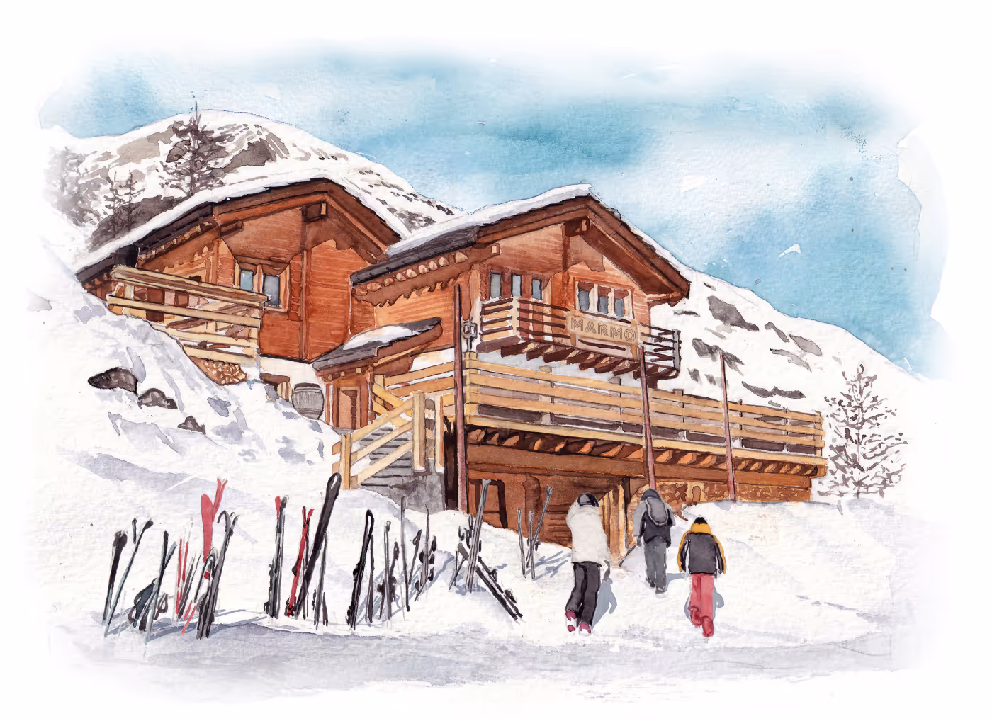 Sunny outdoor terrace at Restaurant Marmo Furi with alpine mountain views in Zermatt