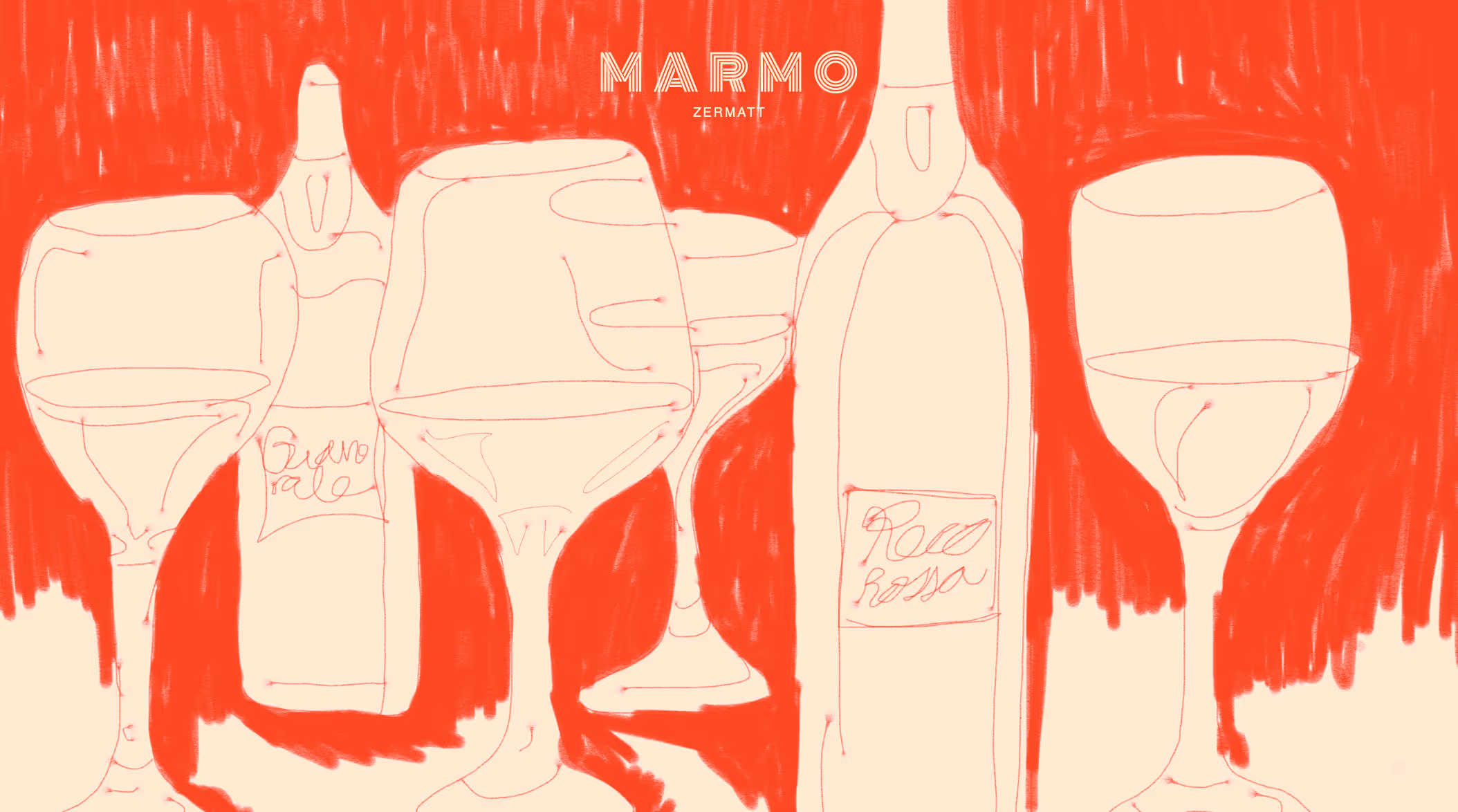 Marmo Zermatt branded wine bottle and glasses illustration for Restaurant Marmo Furi