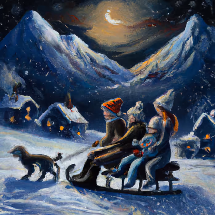 Illustrated winter evening scene with family sledding near Chalet Furi Zermatt