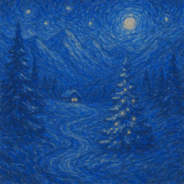 Starry night illustrated scene with alpine chalet and pine trees at Chalet Furi Zermatt