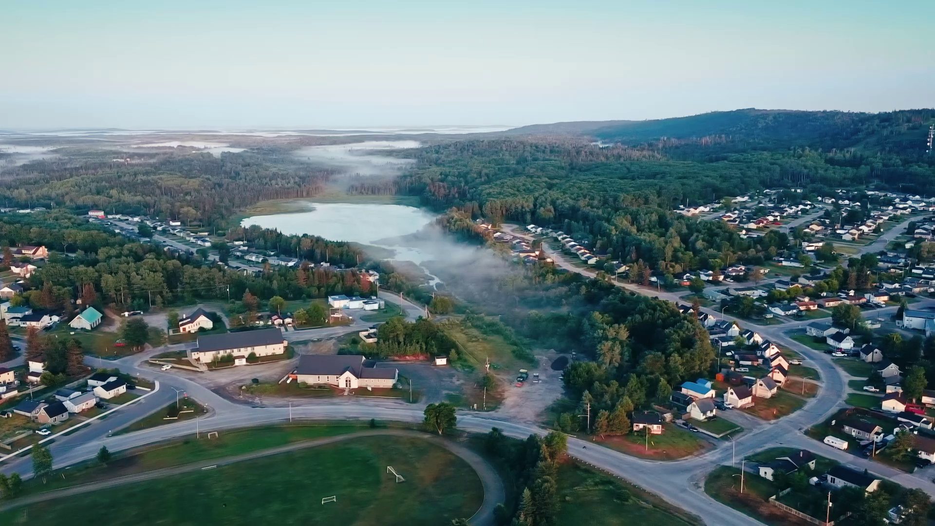 Aerial view of Manitouwadge, Ontario at dusk