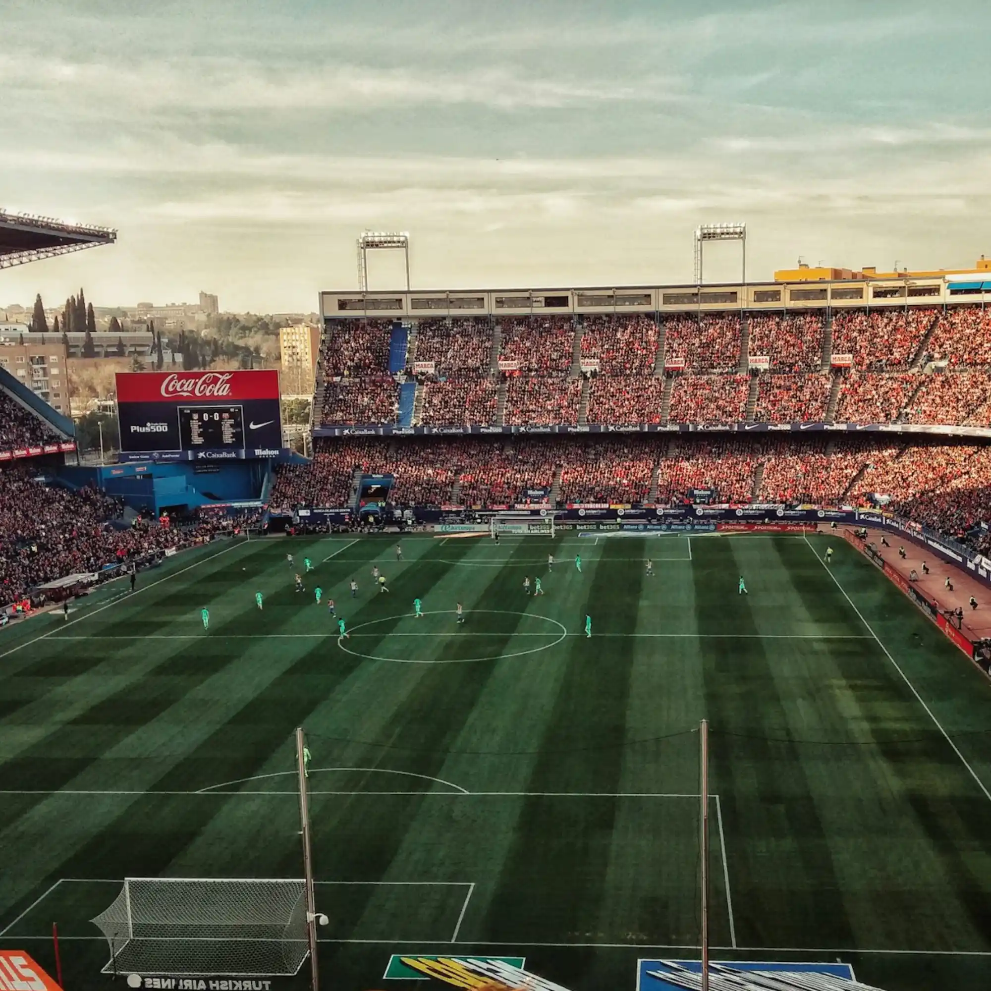 A full soccer stadium. 