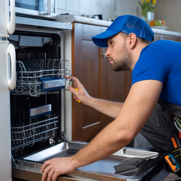 technician inspecting a dishwasher