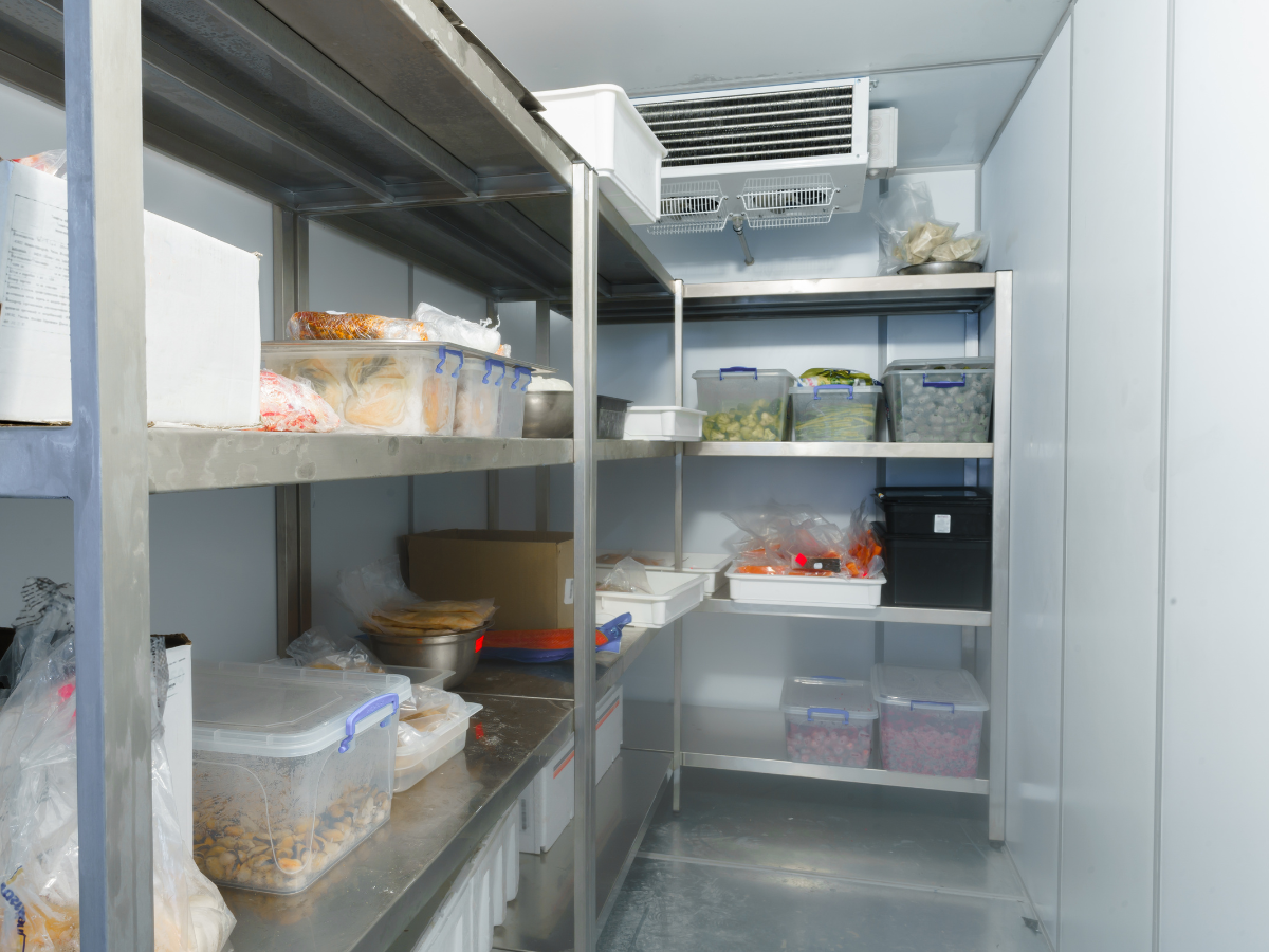 Commercial walk-in cooler with food storage containers